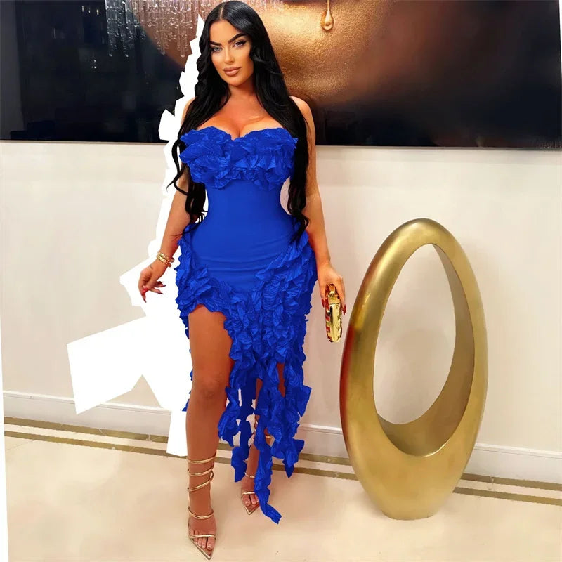 Elegant Ruffles Tassel Birthday Dress for Women 2024 Night Party Celebrity Irregular Strapless Sleeveless Evening Long Dresses