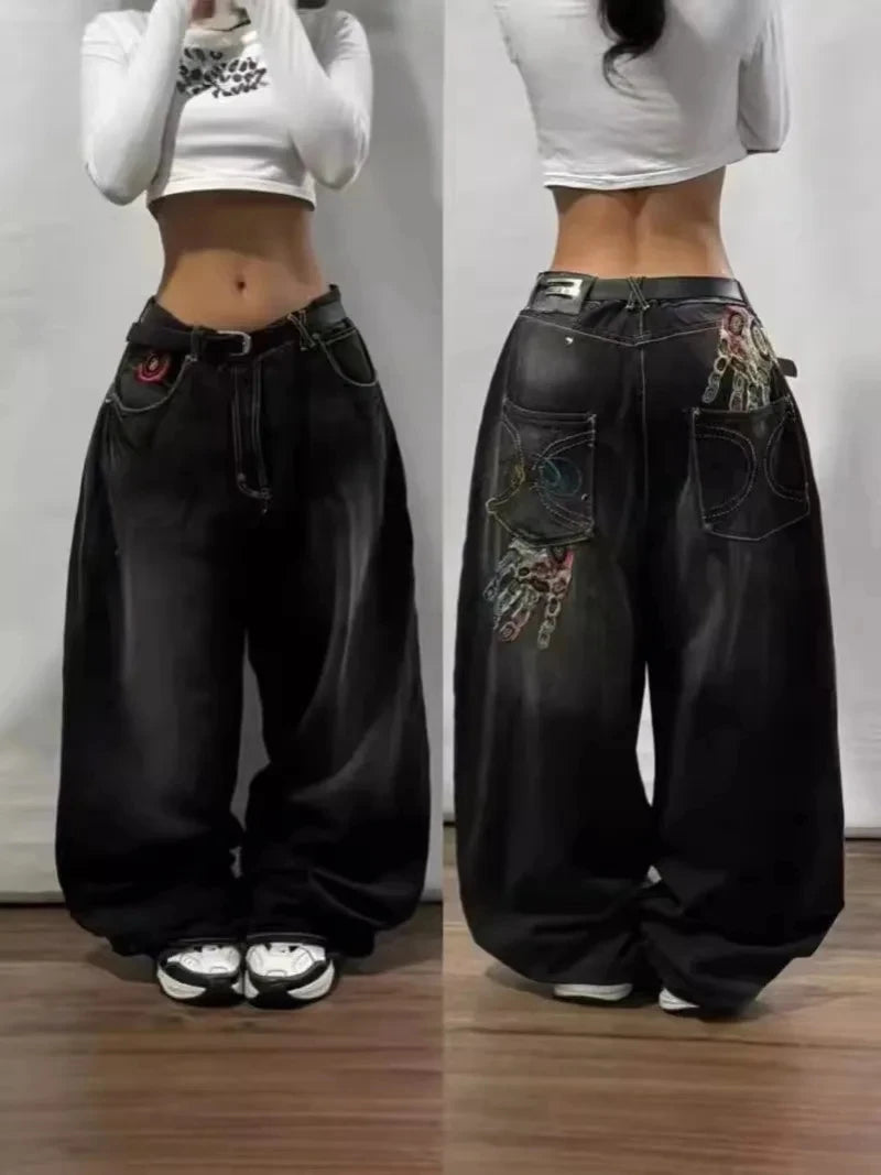 Streetwear Fashion New Letter Graphic Embroidery Baggy Jeans Women Y2K Gothic Harajuku Vintage Popular High Waist Wide Leg Pants