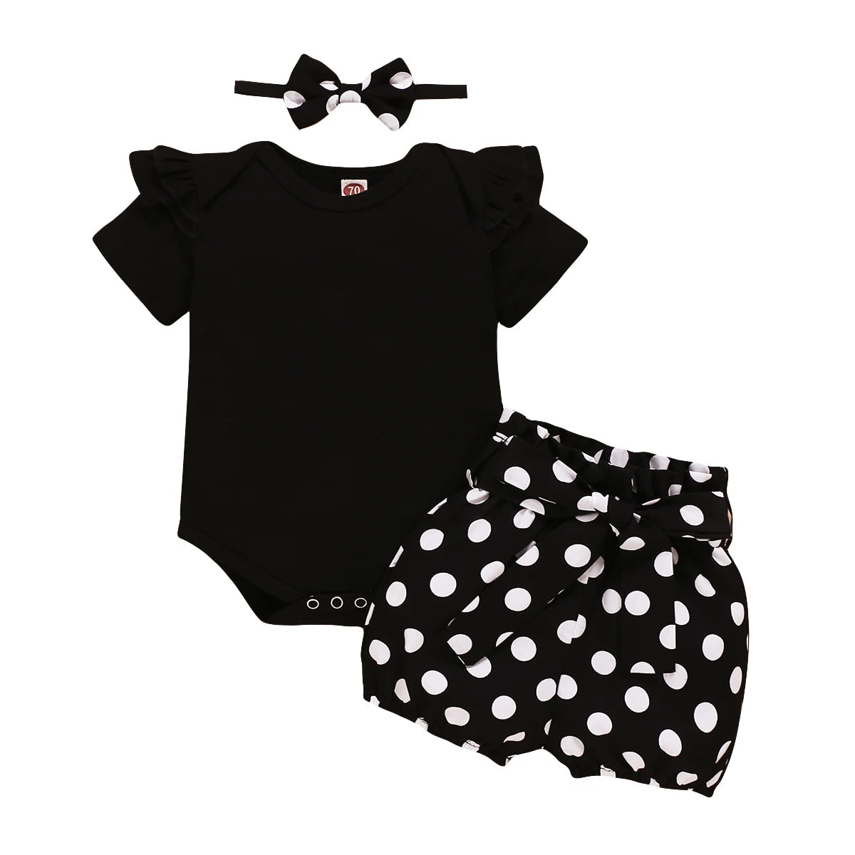 0-18Months Infants Baby Girl Set Black Short Sleeve Bodysuit+Polka Dot Shorts+Headband Toddler Girl Summer Fashion 3PCS Clothing