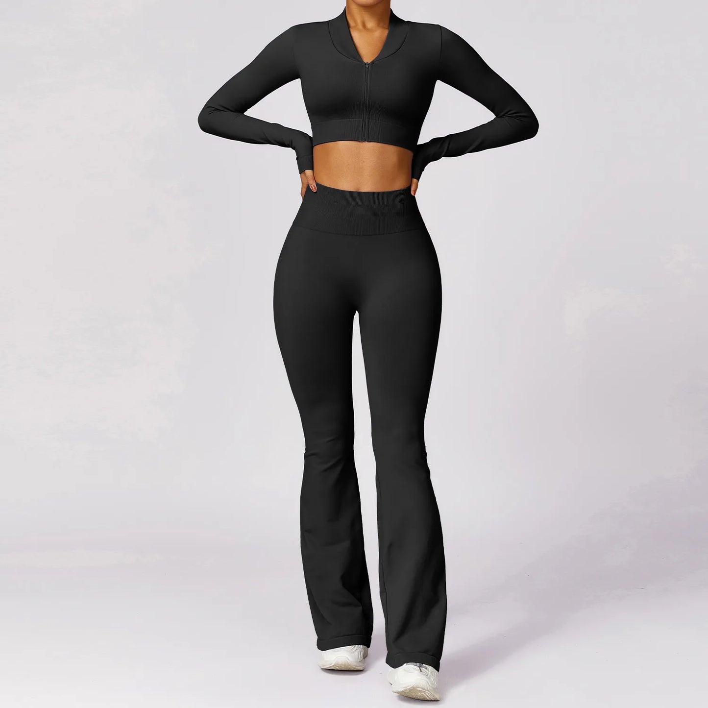 Tracksuit Long Sleeve Yoga Wear 2 Piece Sport Outfit High Waist Flare Leggings Sportwear Gym Set