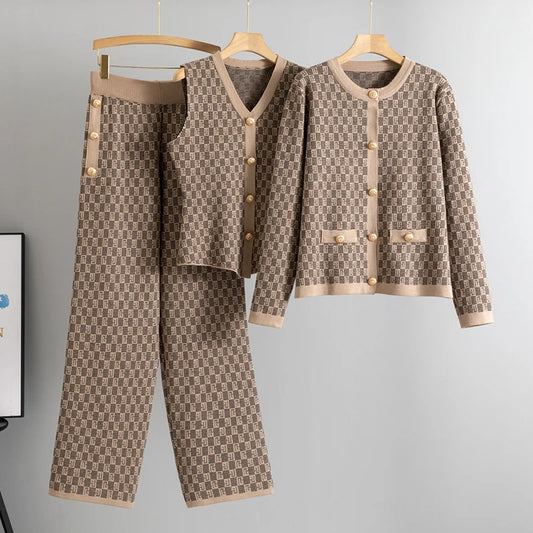 Elegant Three Piece Knitted Long Sleeve Sweater Coat, Single Breasted Vest & Matching Pants