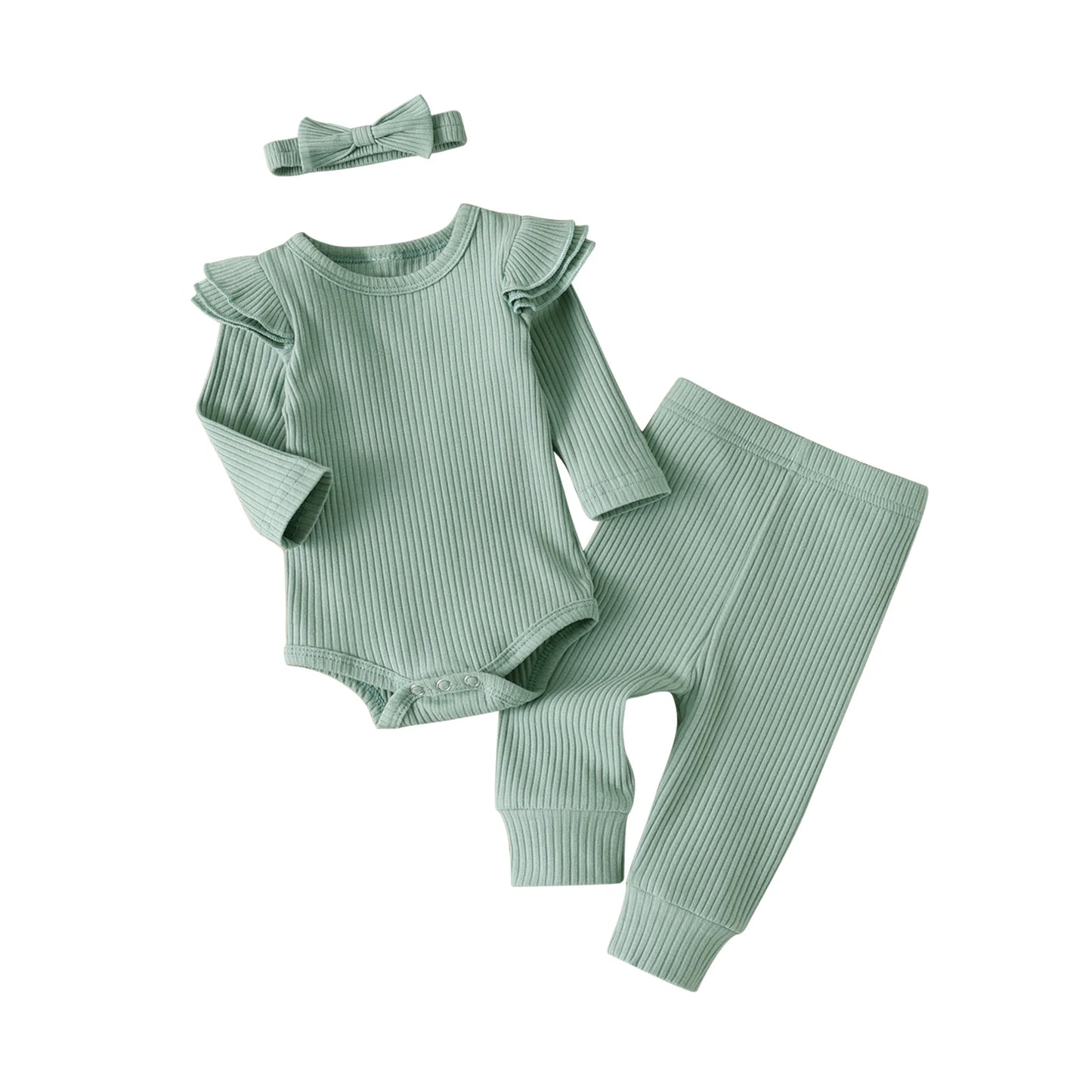 3pcs Newborn Baby Girl Casual Clothes Set Ruffles Knitted Long Sleeve Bodysuit + infant Pants + Headband Solid Color Outfits