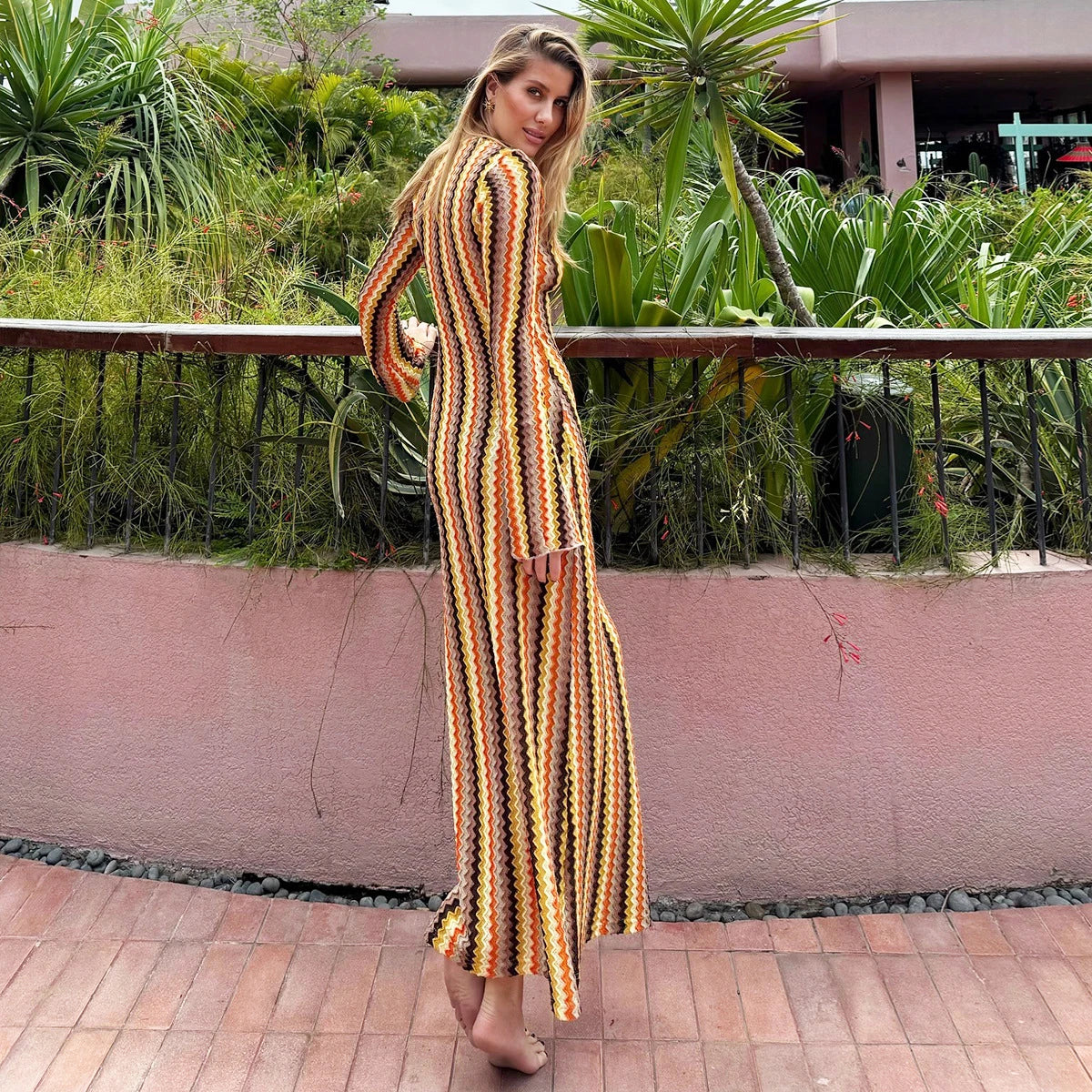 Waves & Whimsy – Elegant Vacation Maxi Dress with Flare Sleeves and Sultry V-Neckline