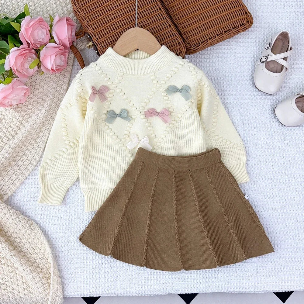 Winter Cute Bow Tie Sets Round Neck Long Sleeved Sweater+A-line Skirt Two-piece Sets Korean Version College Style Girls Clothes