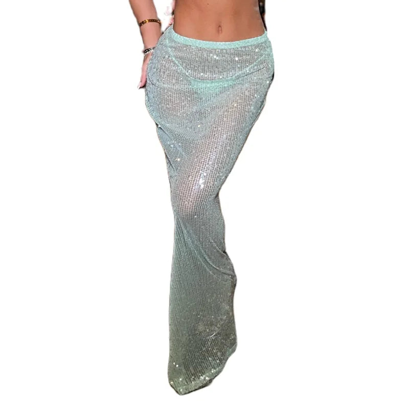 Radiant Siren Sheer Mesh Sequin Maxi Skirt Sparkly See Through Glam
