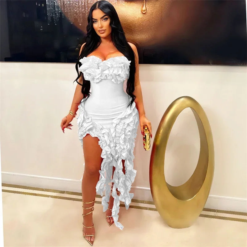 Elegant Ruffles Tassel Birthday Dress for Women 2024 Night Party Celebrity Irregular Strapless Sleeveless Evening Long Dresses