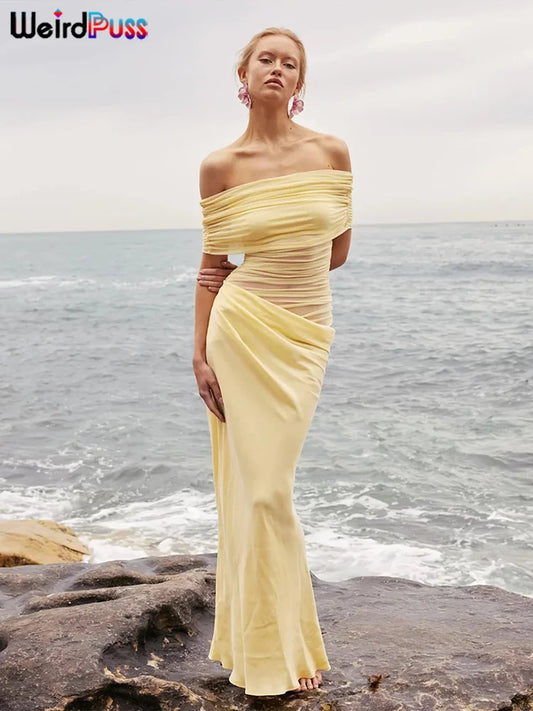 Elegant Long Bodycon Velour Muse Ruched Mesh Maxi Dress