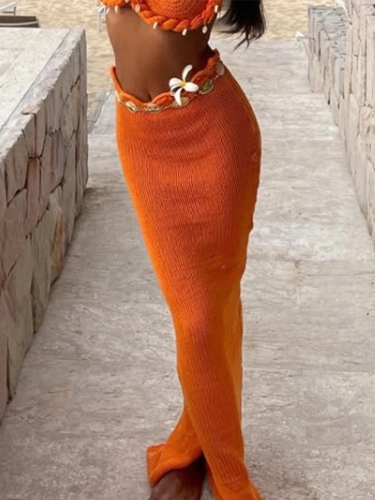 Feminine Chic Twisted Elegance Shell Bra Top & Beach Knit Skirt Co-Ord