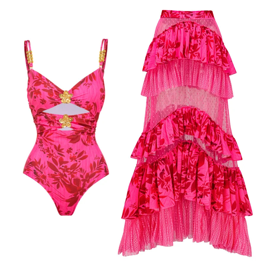 Emerald Poise Retro Belted Swimsuit & Skirt Set