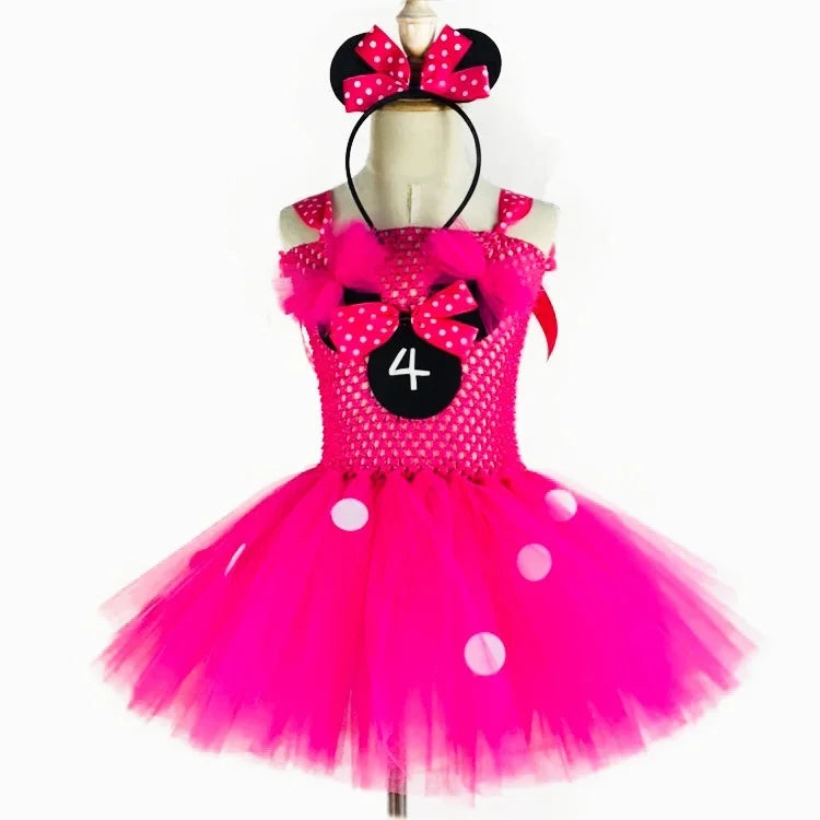 Cute Girls Pink Mickey Tutu Dress Baby Crochet Tulle Dress with White Dots and Hairbow Kids Birthday Party Cartoon Cosplay Dress