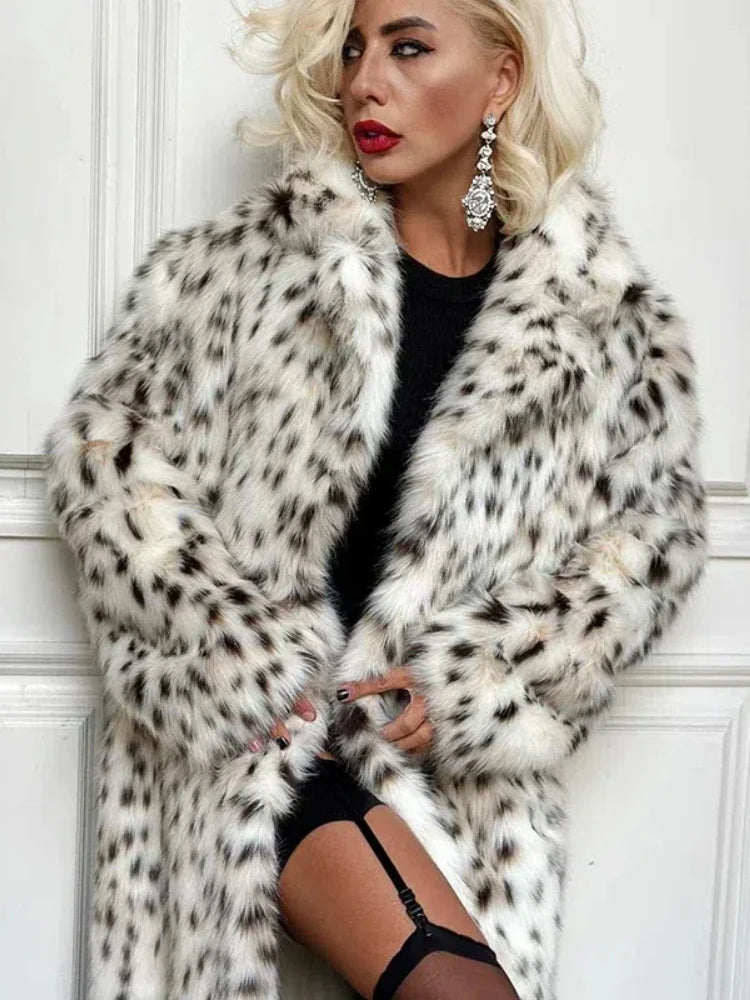 Retro Leopard Faux Fur Long Coats Women Winter Warm Thicken Open Maxi Coat Female Casual Loose Elegant Chic Street Outwear