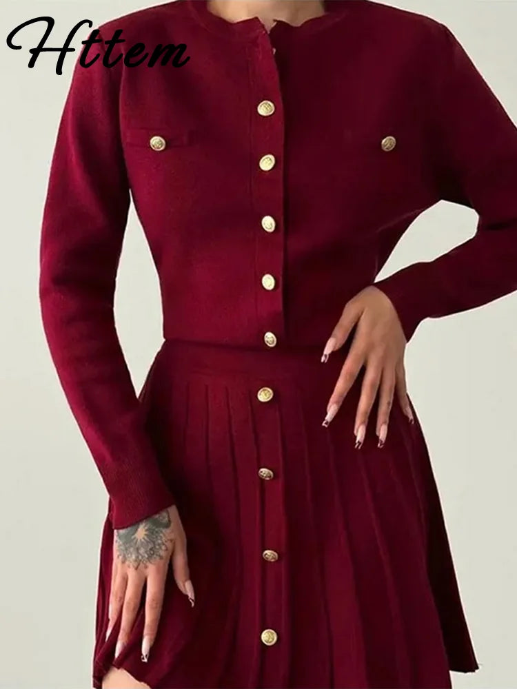 Elegant Button Coat Mini Skirt Women Set Slim Burgundy Red O-neck Single Breasted Top Skirts Sets 2024 Autumn New Lady Outfits