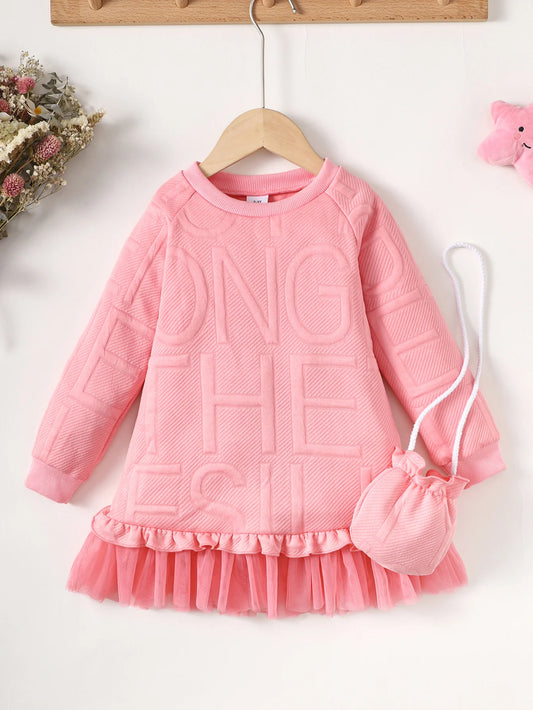 Children Girl Embossed Letter Long Skirt Autumn Long Sleeve Dress with Satchel Princess Dress Birthday Party Outfits