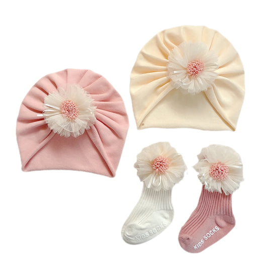 Baby Girls Socks Cap Set Lace Flower Ribbed Short Sock+ Hat Autumn Beige Pink