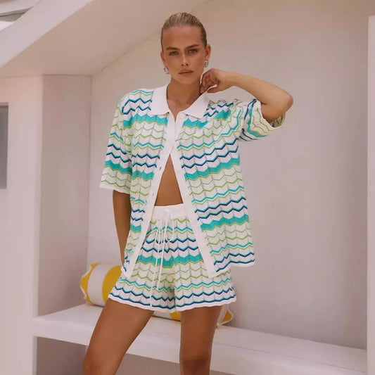 Casual Knitted Color Block Stripe Set Short Sleeve Open Cardigan Shorts Sweater Women's Fashion New Arrival 2024 Cross-Border