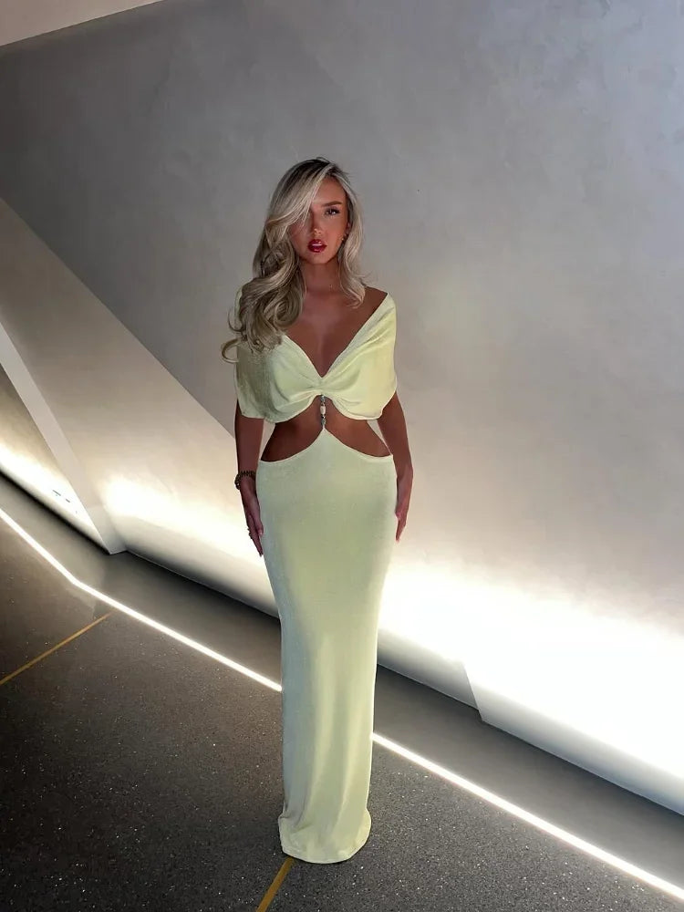 Women Elegant Strapless Hollow Waist Maxi Dress Fashion Backless Pleated Bodycon
