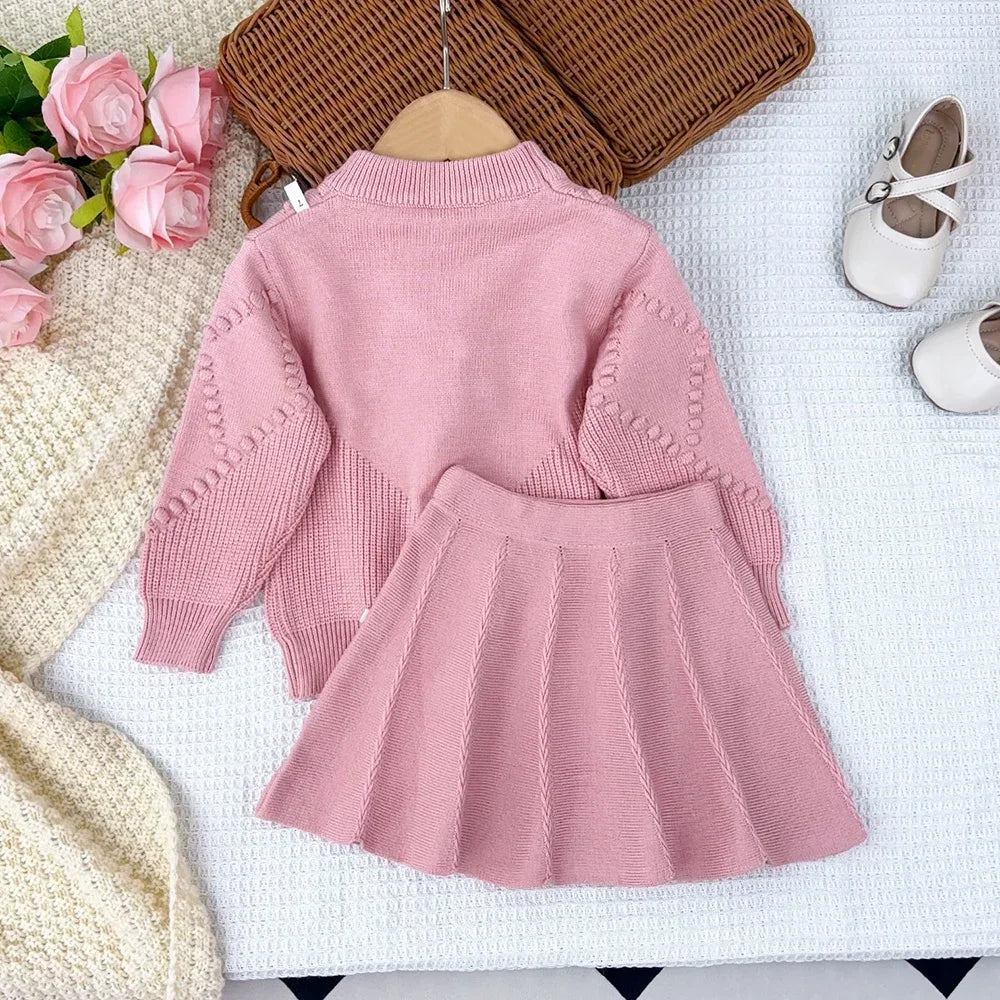 Winter Cute Bow Tie Sets Round Neck Long Sleeved Sweater+A-line Skirt Two-piece Sets Korean Version College Style Girls Clothes