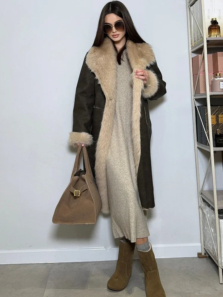 Women's Faux Fur Warm Coat Double-sided Wear Loose Lapel Long Sleeve Single Button Pocket Casual Overcoat Winter Chic Coat