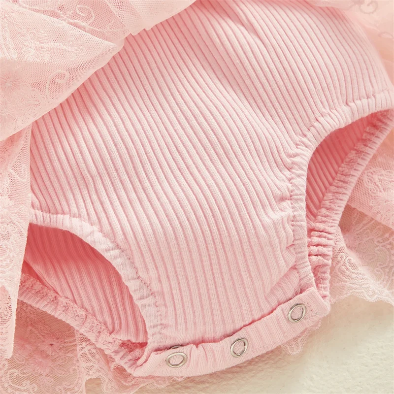 Baby Girls Princess Mesh Lace Patchwork Ruffle Bodysuit Dress Headband