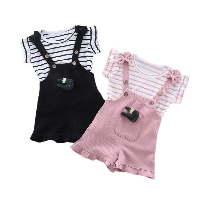 2pcs Cute Toddler Baby Girl T-shirt+Suspender Shorts Outing Clothes New Fashion Bay Sets Suits (No Shoes No Bag)