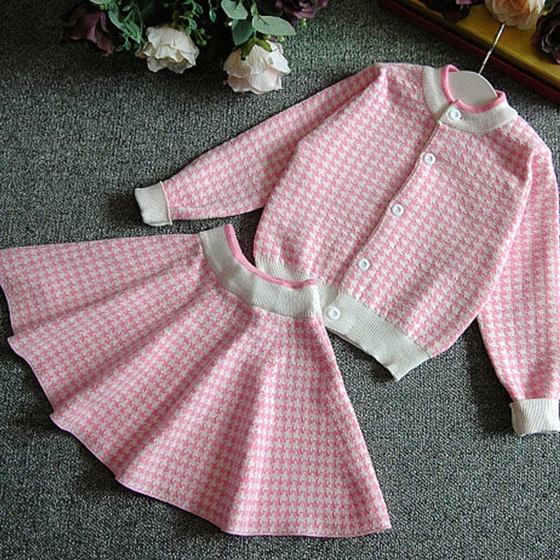 Girl Pink Plaid Sweater Sets Winter Kids Cardigan Sweater Baby Girl Toddler Clothing