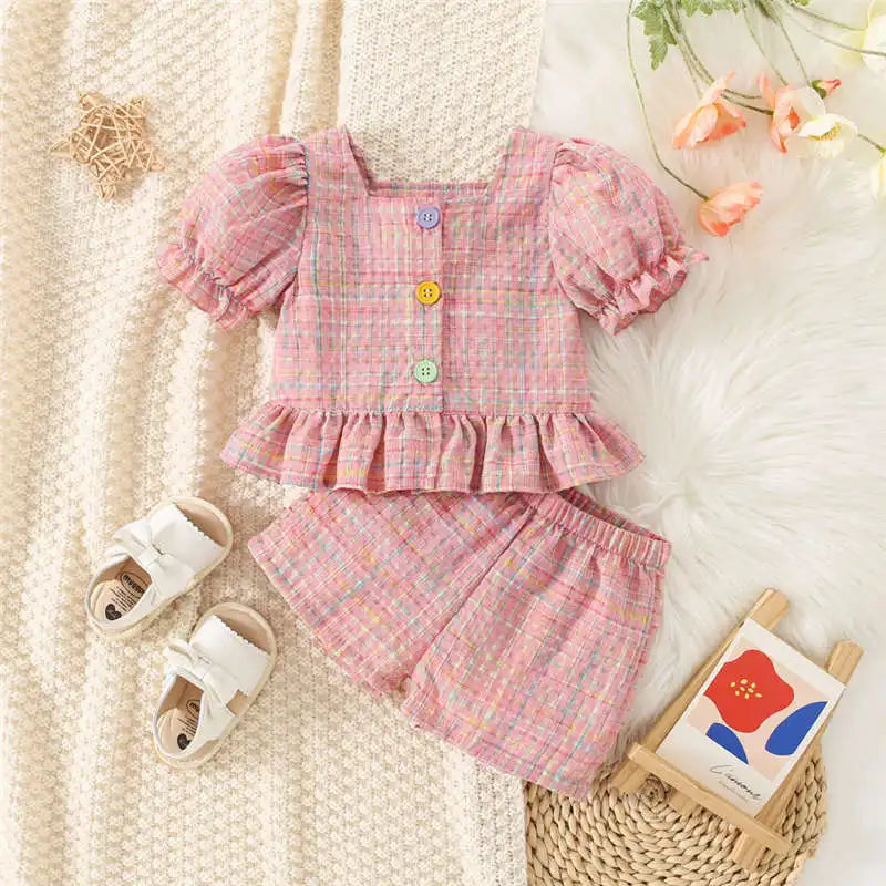 Baby Girl Cotton Color Plaid Bubble Sleeve Top And Shorts Set Cute Princess Style Two-Piece Set For Girls