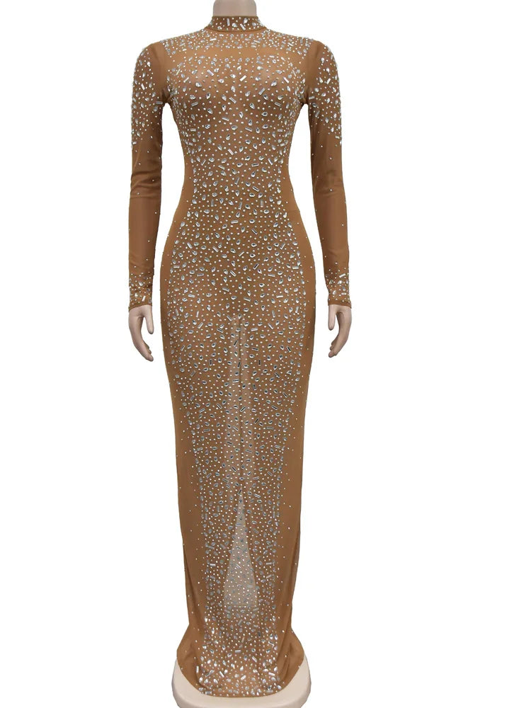 Rhinestones Décor Long Maxi Dress Glam See-Through Mesh Crystal Night Out Dress Birthday Outfits Vestido