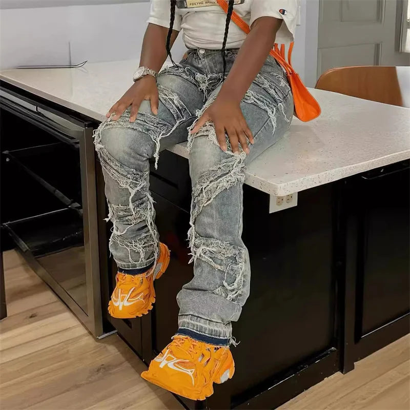 y2k Clothes Streetwear Jeans Tassel Pants Women 2024 Casual High Waist Design denim Blue Fashion Baggy Design Trousers Pants