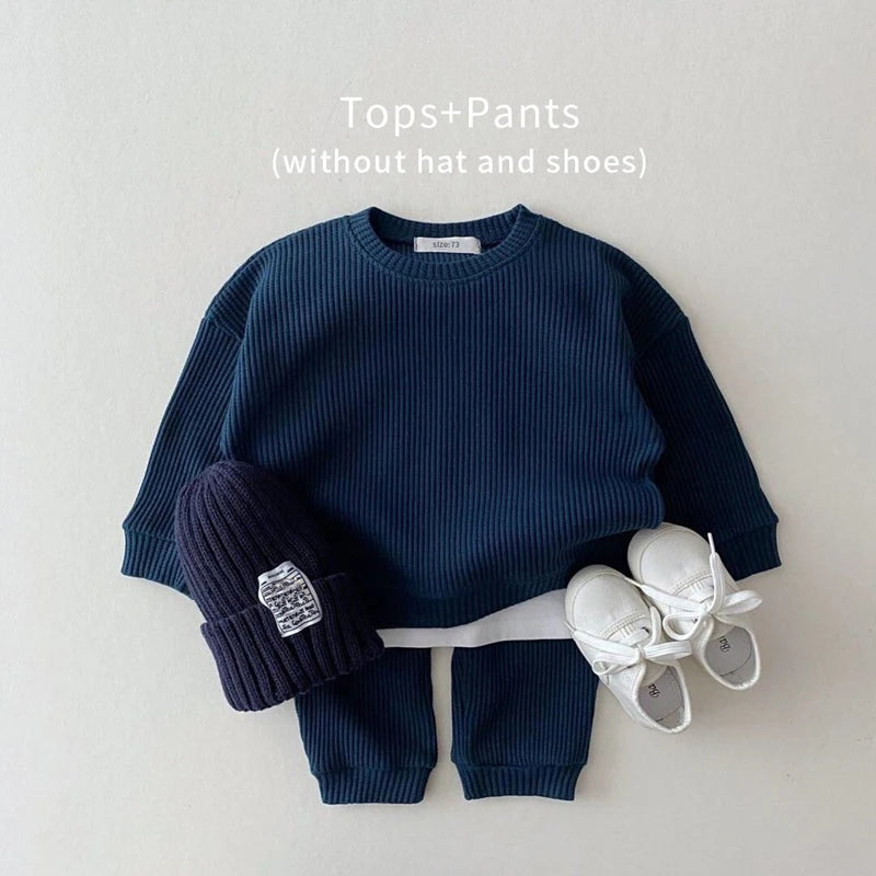 Korean Baby Clothing Sets Waffle Cotton Kids Boys Girls Clothes Spring Autumn Loose Tracksuit Pullovers Tops+Pants 2PCS Sets