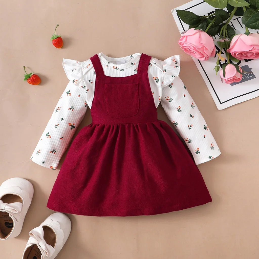 2PCS Newborn Baby Birthday Princess Dress Set Long Sleeves Romper+Red Strap Skirt for Infant Girl 0-18 Months New Year Outfits