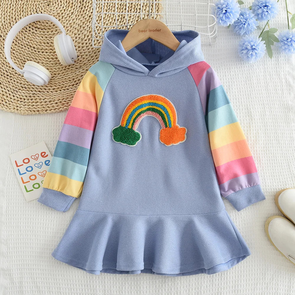 Melario Girls Dress Autumn Long Sleeve Rainbow Striped Princess Dresses for Girl Kids Dress Casual Children Clothing