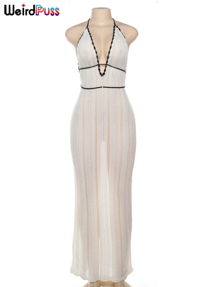 Weird Puss Sexy Elegant Halter Dress Women Summer Backless Lace-Up Color-Block Sleeveless Trendy Nightclub Wild Fashion Clothing
