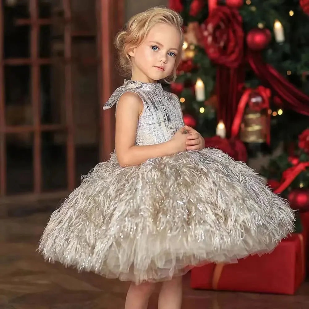 Jill Wish Luxury Champagne Girl Dress Feathers Dubai Kids Pink Wedding Birthday Communion Party Gowns vestido de Pageant J323