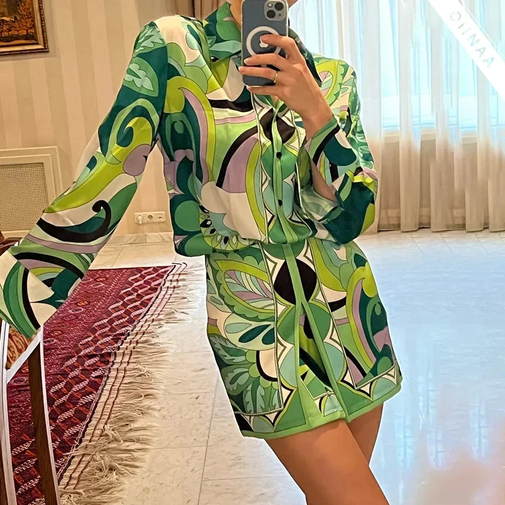 Summer Skirt Sets Women Tops 2024 Fashion Long Sleeve Plant Print Flower Shirt High Waist A-line Skirt Boho Beach Sets Y2k Skirt
