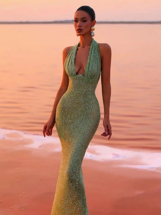 Halter Deep V Neck Sequins Green Sleeveless Backless Sequined Slim Long Maxi Dress