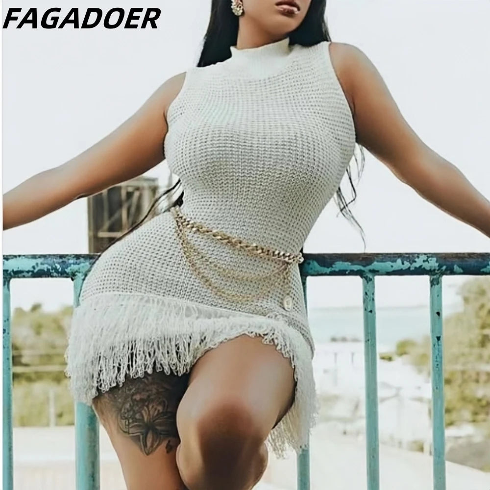 FAGADOER Fashion Tassels Hollow Out Splicing Mini Dresses 2024 Women Round Neck Sleeveless Slim Vestidos Elegant Lady Clothing