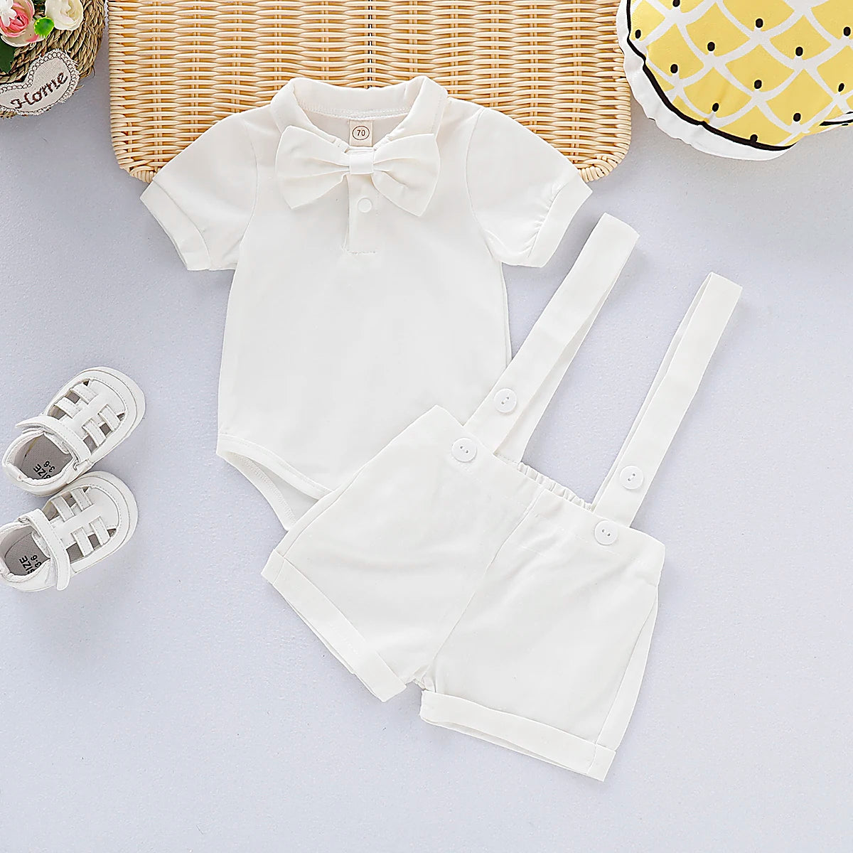 0-24 Months Newborn Baby Boy Gentlemen Clothes Set Bowtie Short Sleeve Cotton Romper+Suspender Pant Toddler Summer 2PCS Outfits