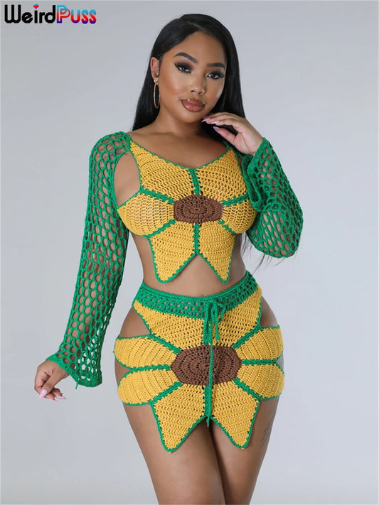 Crochet Sunflower Backless Hollow Tops+Skinny Skirt Beach Party Summer Trend Matching Suits
