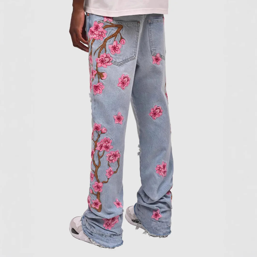 Men Ripped Holes Floral Patchworks Denim Pants Male's Fashion Clothes