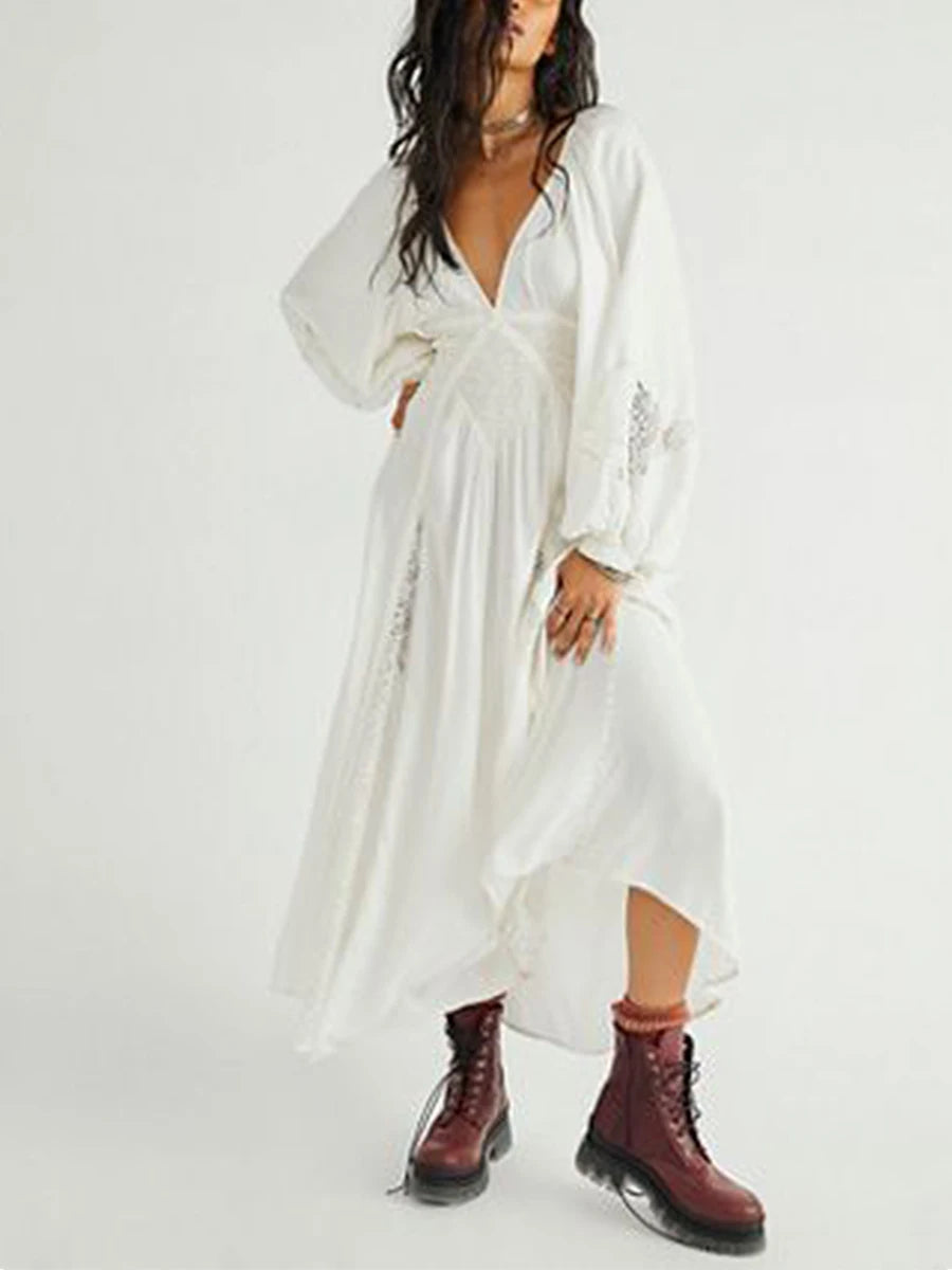 Women Long Dress Long Sleeve Dress V-Neck Lace Patchwork Loose Swing Dress