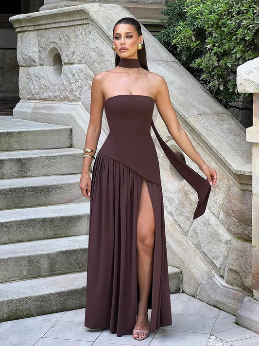Women Elegant Contrast Slim Ribbon Dress Back Lace Up Female Strapless Dress