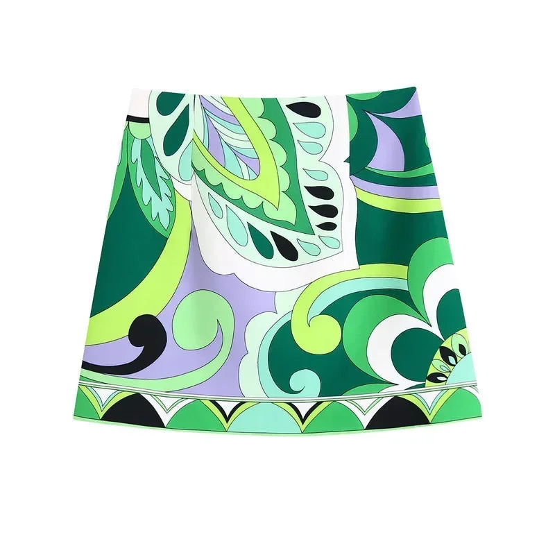 Summer Skirt Sets Women Tops 2024 Fashion Long Sleeve Plant Print Flower Shirt High Waist A-line Skirt Boho Beach Sets Y2k Skirt