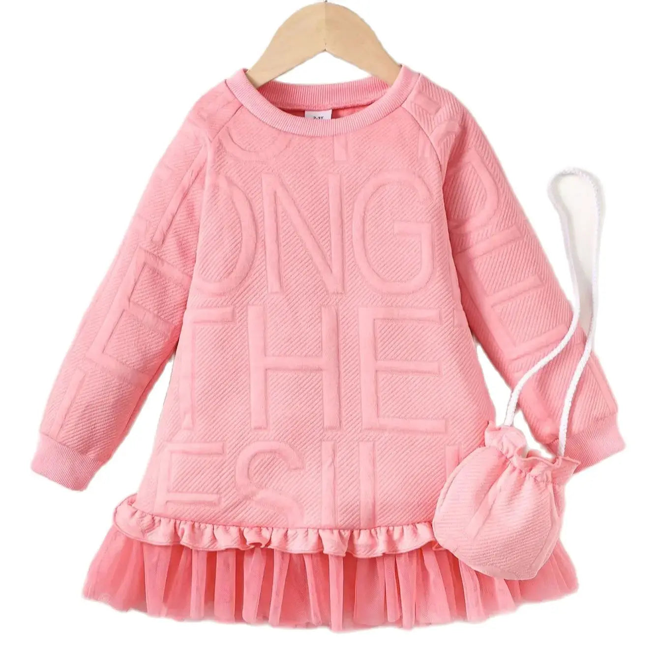 Children Girl Embossed Letter Long Skirt Autumn Long Sleeve Dress with Satchel Princess Dress Birthday Party Outfits