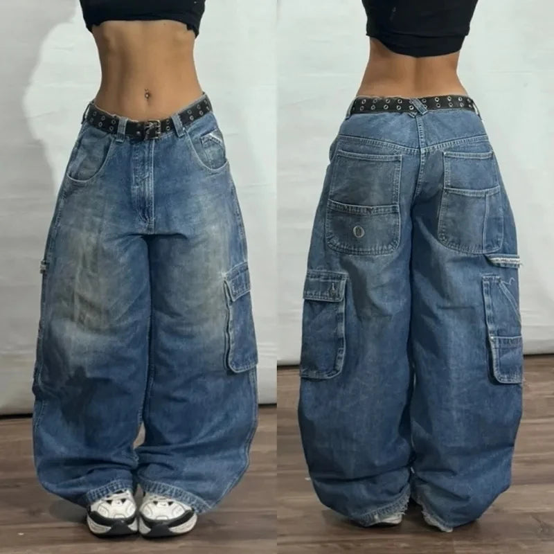 Streetwear Fashion New Letter Graphic Embroidery Baggy Jeans Women Y2K Gothic Harajuku Vintage Popular High Waist Wide Leg Pants