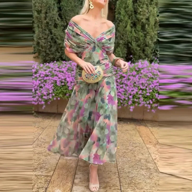 Floral Bloom Elegance High-Waist Pleated Cocktail Dress