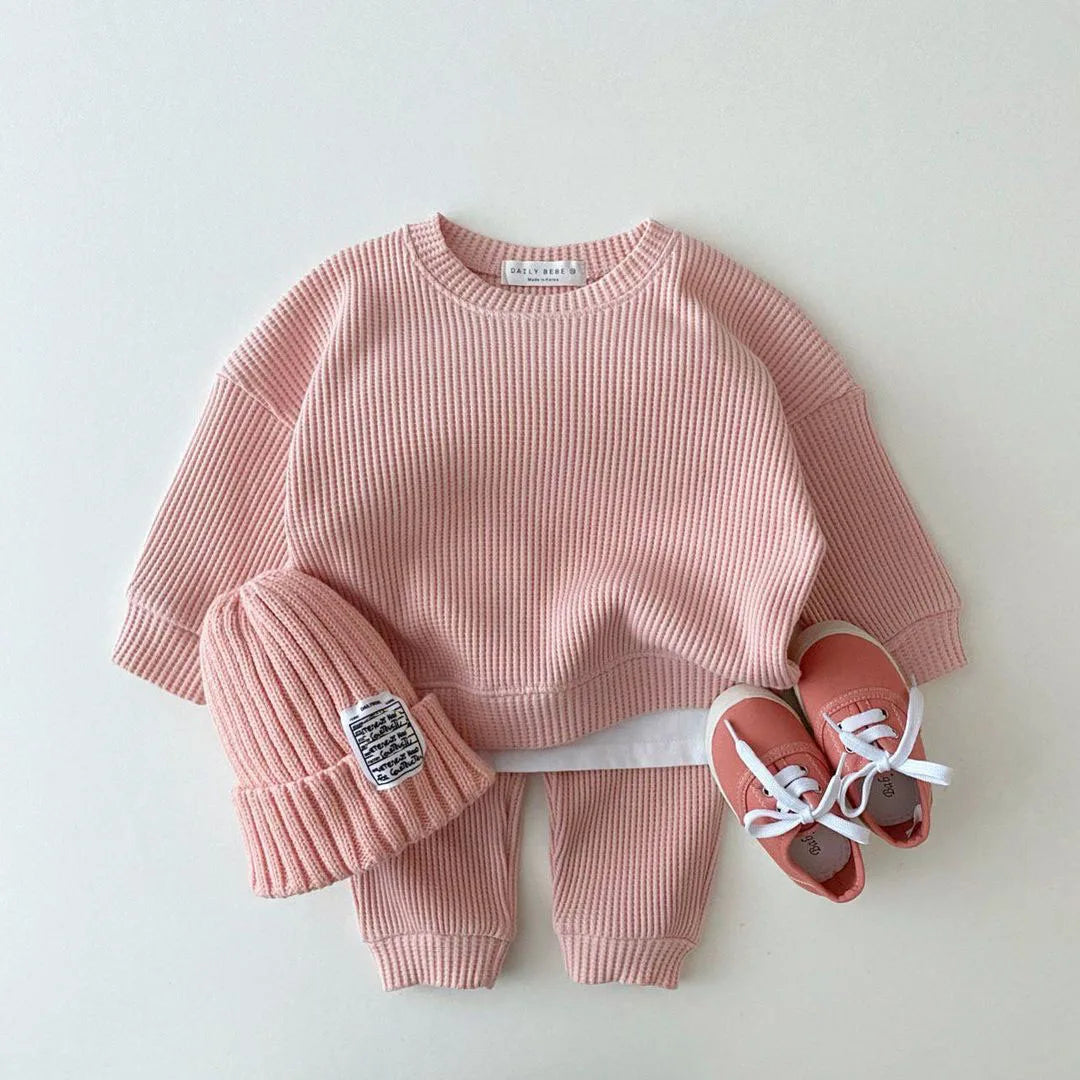 Korean Baby Clothing Sets Waffle Cotton Kids Boys Girls Clothes Spring Autumn Loose Tracksuit Pullovers Tops+Pants 2PCS Sets