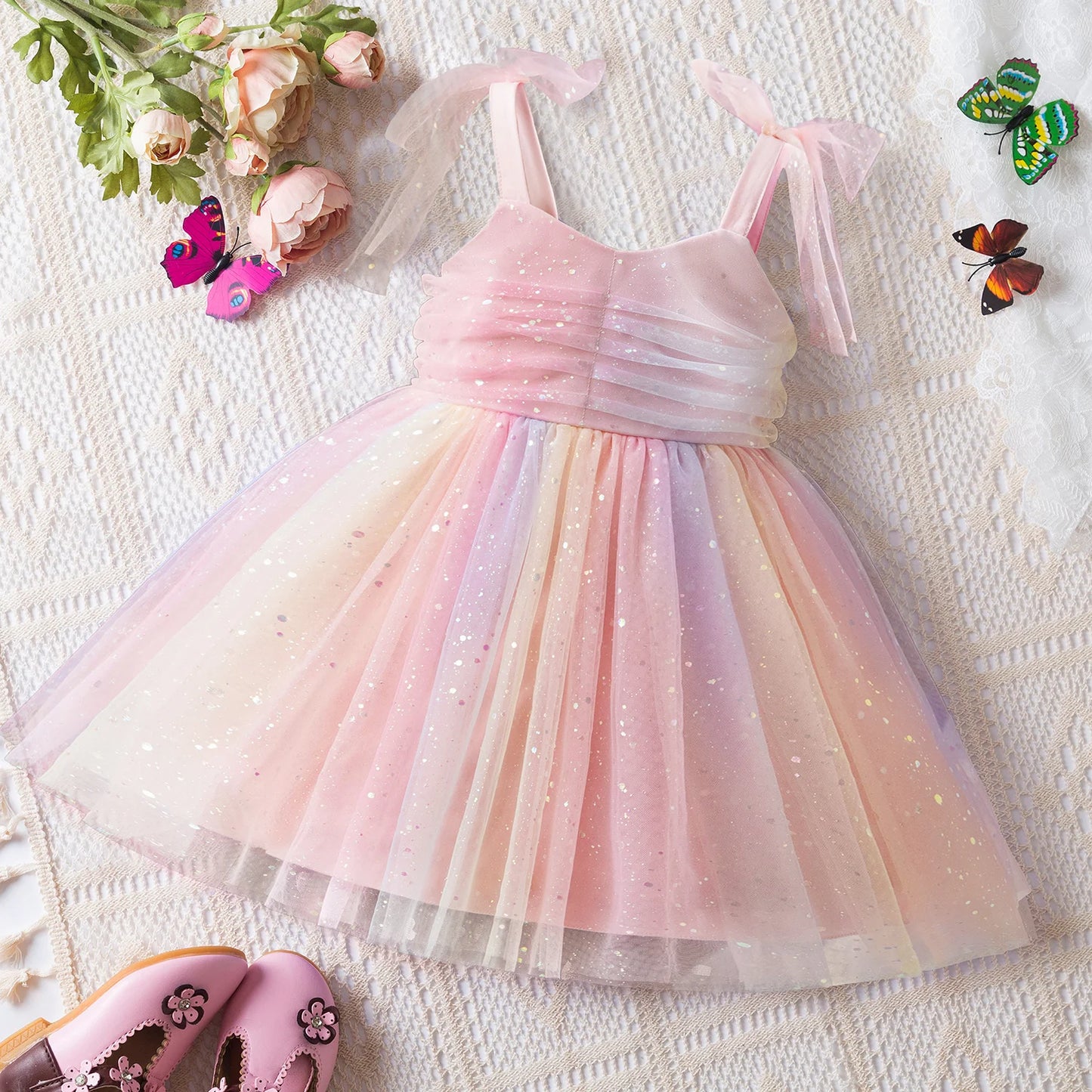 Fashion Dress Holiday Girls Suspender Puffy Mesh Clothes Children Flower Wear Princess Embroidery Tulle Dress