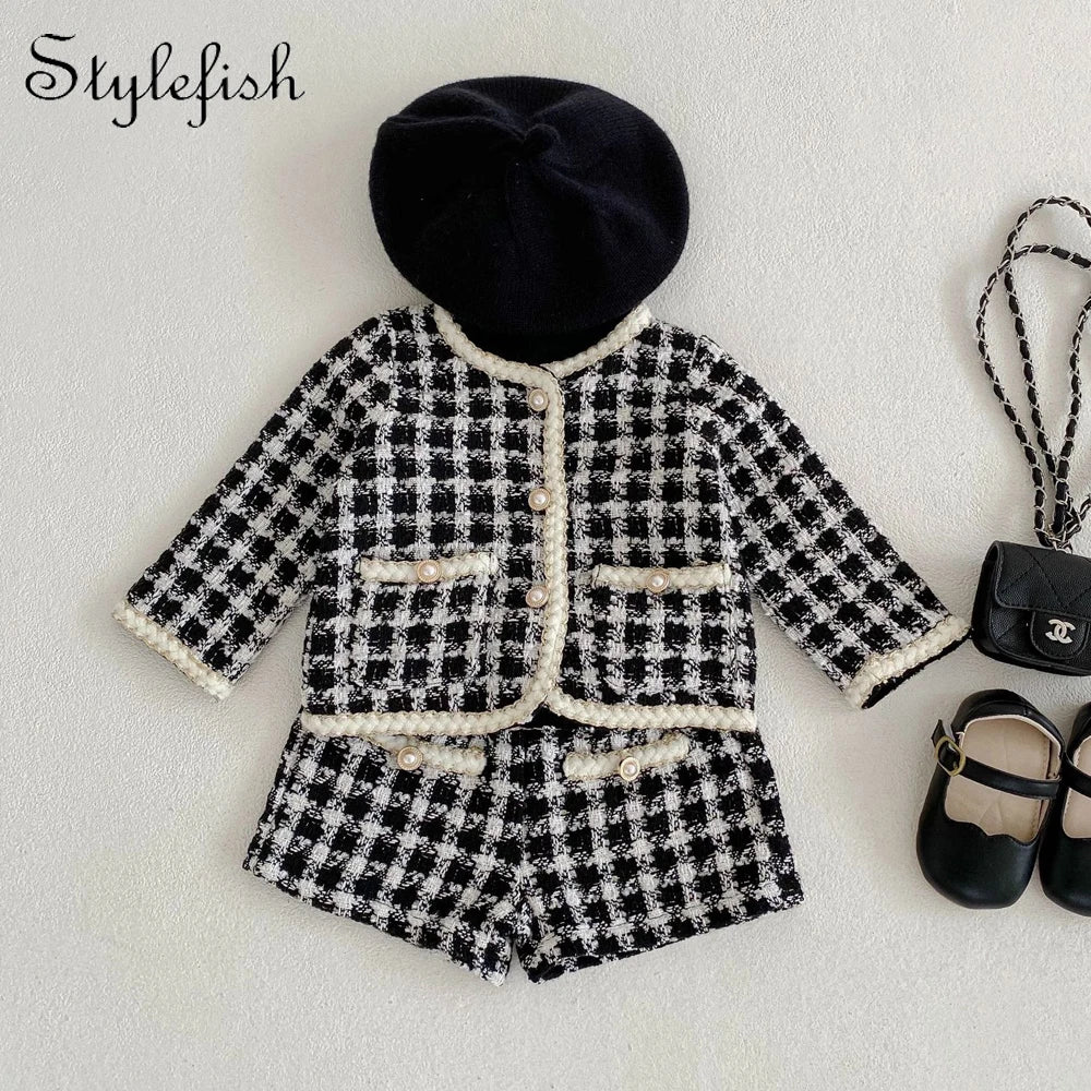 New Baby Boys And Girls' Tweed Black Plaid Long Sleeved Shirt With Open Coat And Short Pant