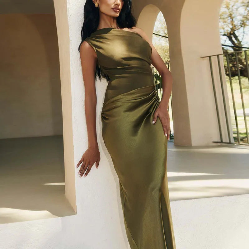 Sunset Aura One-Shoulder Contrast Maxi Dress