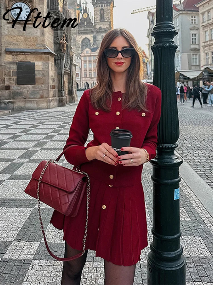 Elegant Button Coat Mini Skirt Women Set Slim Burgundy Red O-neck Single Breasted Top Skirts Sets 2024 Autumn New Lady Outfits